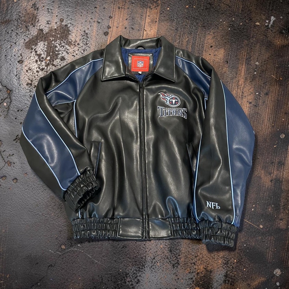 Tennessee Titans NFL Faux Leather Bomber Jacket Mens Large Y2K G-III Carl Banks
